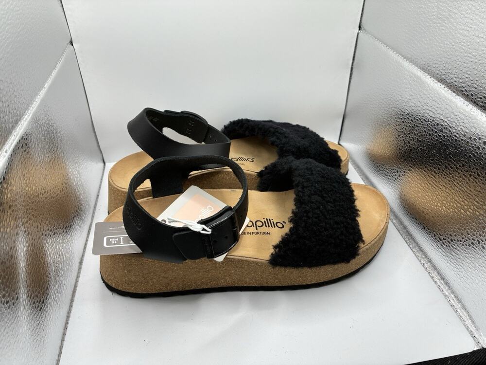Papillio Birkenstock 39 Glenda Shearling Sandals Black Teddy Platform NIB L8